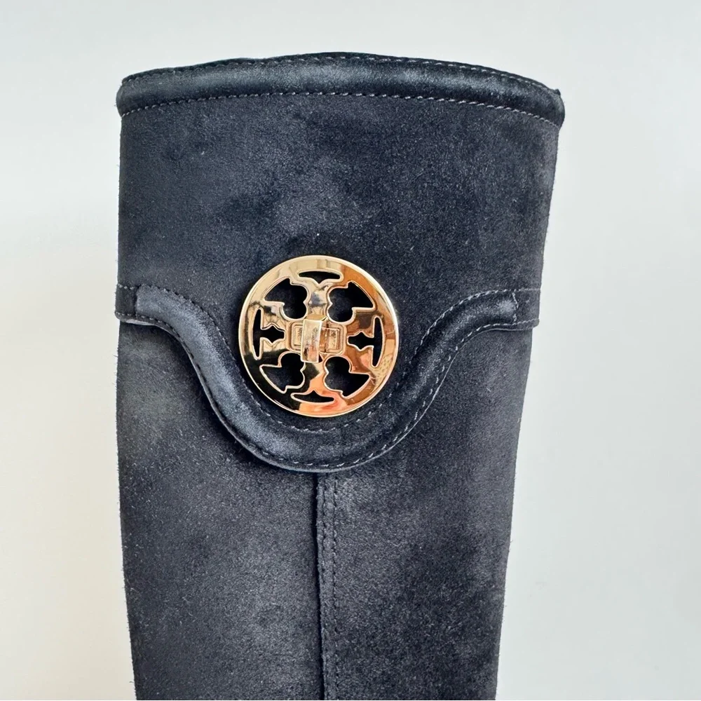 TORY BURCH Selma Black Suede Logo Riding Tall Boot Knee High size 5